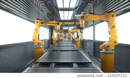 Busy factory with robotic arms used for placing manufactured items on conveyor belts, 3D rendering. Assembly lines and heavy machinery in high tech modern manufacturing warehouse Busy factory with robotic arms used for placing manufactured items on conveyor belts, 3D rendering. Assembly lines and heavy machinery in high tech modern manufacturing warehouse 114107212