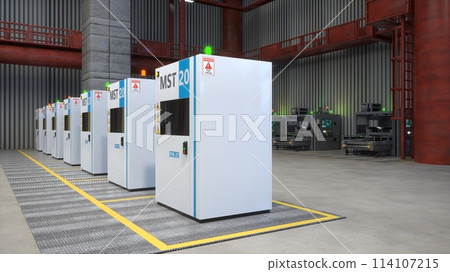 Factory with rows of automated industrial machines, conveyor belts and robotic arms used for engineering tasks, 3D render. High tech steel machinery and assembly lines in logistics depot 114107215