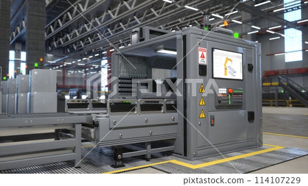 Machine with control panel used to give commands to robotic arms placing manufactured products on conveyor belts, 3D rendering. Machinery unit controlling assembly lines in empty logistics depot 114107229