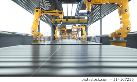 Automated factory with robotic arms used for placing manufactured products on conveyor belts, 3D rendering. Assembly lines and heavy machinery in high tech logistics depot 114107236