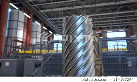 Focus on steel block ready to be processed in industrial factory by heavy machinery units in blurry background. Close up shot of metallic piece ready to be cut in metalworking facility, 3D render 114107244