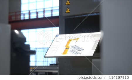 Focus on control panel used to control machine in manufacturing warehouse. Close up on console touchscreen display used to perform tasks on CNC machinery in logistics depot, 3D render Focus on control panel used to control machine in manufacturing warehouse. Close up on console touchscreen display used to perform tasks on CNC machinery in logistics depot, 3D render 114107310