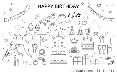 Birthday set, simple, ribbon, pop, decoration, variation, line drawing, cute, black and white, birthday Birthday set, simple, ribbon, pop, decoration, variation, line drawing, cute, black and white, birthday 114108214
