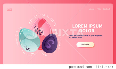 Happy Easter greeting card with colored eggs pastel colors holiday celebration card horizontal copy space 114108523