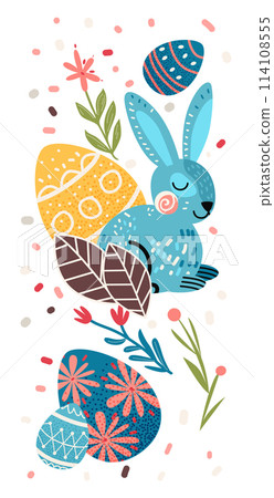 Happy Easter greeting card with rabbits eggs and spring flowers pastel colors holiday celebration card vertical Happy Easter greeting card with rabbits eggs and spring flowers pastel colors holiday celebration card vertical 114108555