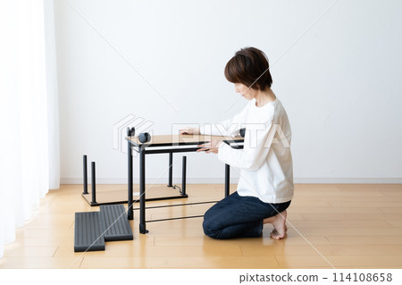 婦女組裝和拆卸帶腳輪的馬車 婦女組裝和拆卸帶腳輪的馬車 114108658