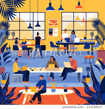 mix race businesspeople working in creative co-working center young men women freelancers team using laptops in modern office 114109037