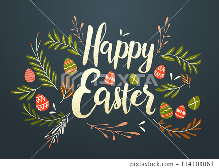 Happy Easter greeting card with colorful eggs and flowers spring holiday celebration banner horizontal 114109061