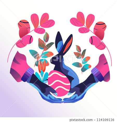 Happy Easter greeting card human hands holding rabbit and eggs spring holiday celebration card 114109116