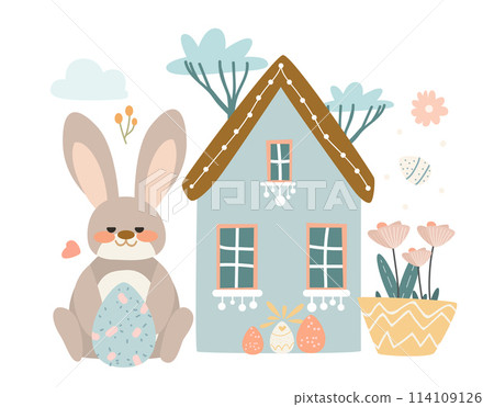 Happy Easter greeting card with rabbit and eggs in pastel colors spring holiday celebration card horizontal Happy Easter greeting card with rabbit and eggs in pastel colors spring holiday celebration card horizontal 114109126
