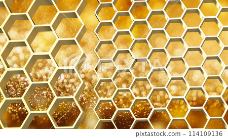 The gold hexagon or beehive pattern on Bokeh Background for sci or medical concept 3d rendering. The gold hexagon or beehive pattern on Bokeh Background for sci or medical concept 3d rendering. 114109136