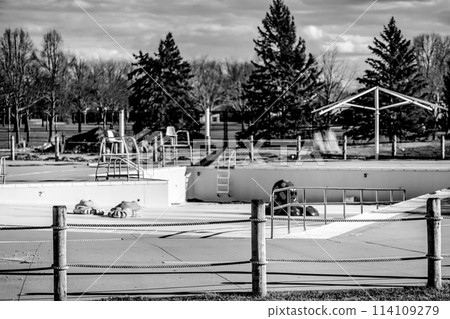 drained and empty public pool for winterization in the fall. 114109279