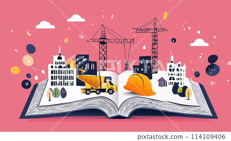 Open Book Depicting Construction Scene. Generative AI Open Book Depicting Construction Scene. Generative AI 114109406