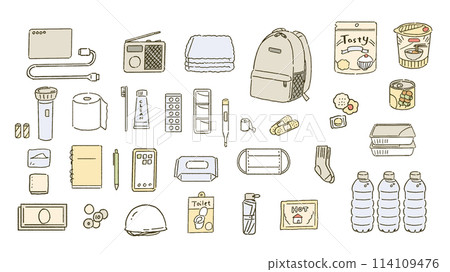 Illustration set of disaster prevention goods for earthquakes and disasters 114109476