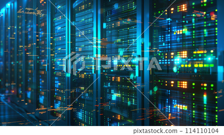 A computer server room with many servers and lights A computer server room with many servers and lights 114110104