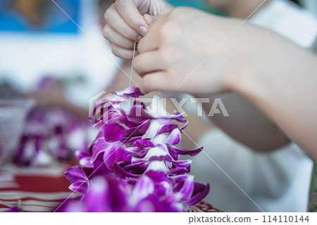 Young people experiencing orchid lei making in Waikiki, Hawaii Young people experiencing orchid lei making in Waikiki, Hawaii 114110144