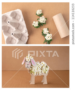 Whimsical sheep DIY project, egg carton box, toilet paper roll tube, flowers, recycling art, for children. 114110233