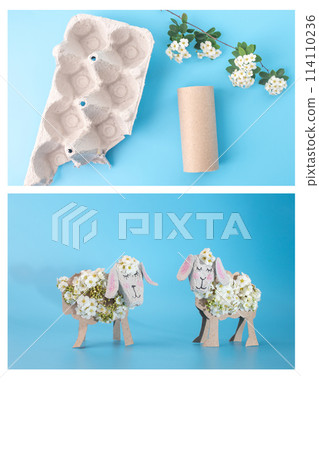 a sheep made out of egg carton box, empty toilet paper roll tube and flowers, process art, cut out of cardboard, recycling art concept, 114110236