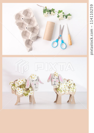 Experience the joy of upcycling with this charming sheep craft.Transform egg carton box, discarded toilet paper roll tube into spring-inspired craft 114110259