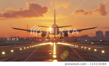 飛機和跑道在日落 飛機和跑道在日落 114110369