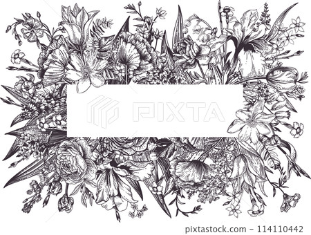 Floral frame. Card with place for text. Horizontal. Black drawing. Ranunculus, forest anemone, iris, carnation, flax, forget-me-not, lilac, levkoy. Floral frame. Card with place for text. Horizontal. Black drawing. Ranunculus, forest anemone, iris, carnation, flax, forget-me-not, lilac, levkoy. 114110442