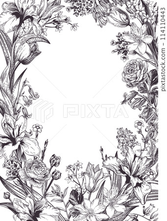 Floral frame with spring plants. Graphic natural background. Black drawing. 114110443