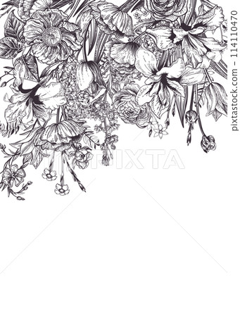 Invitation card with flowers and herbs. Botanical vintage illustration. Spring and summer plants. Black outline. 114110470