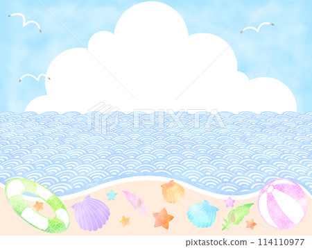 Watercolor-style background frame of a summer sandy beach with Japanese patterns 114110977