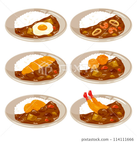 咖哩飯搭配各種配料放在盤子上 114111666