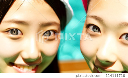 Girls enjoying swimming in the pool in summer 114111718