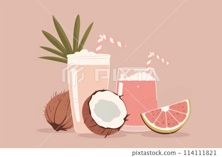 Pastel-toned illustration of summer drinks with coconuts and grapefruit slice, complemented by tropical leaves and striped straws. 114111821