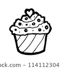 Cupcake, a digital art of strawberry muffin cup cake hand drawn icon illustration isolated on white background. 114112304