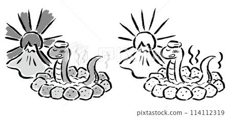 A snake relaxing in a hot spring with Mt. Fuji and the first sunrise - Hand-drawn brush-touch illustration - Monochrome and line drawing set A snake relaxing in a hot spring with Mt. Fuji and the first sunrise - Hand-drawn brush-touch illustration - Monochrome and line drawing set 114112319