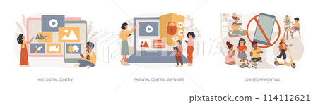 Children media access isolated concept vector illustration set. Children media access isolated concept vector illustration set. 114112621