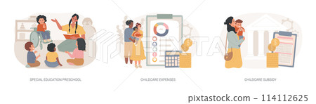 Daycare financial help isolated concept vector illustration set. Daycare financial help isolated concept vector illustration set. 114112625