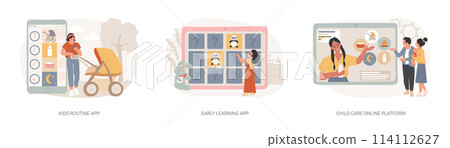 Childcare technology solutions isolated concept vector illustration set. Childcare technology solutions isolated concept vector illustration set. 114112627