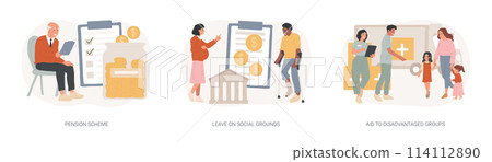 Social care isolated concept vector illustration set. Social care isolated concept vector illustration set. 114112890