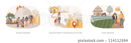 Domestic people movement isolated concept vector illustration set. Domestic people movement isolated concept vector illustration set. 114112894