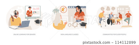 Senior community and education isolated concept vector illustration set. 114112899