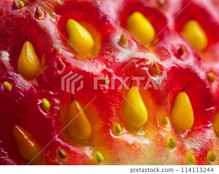Macro view of strawberry surface showcasing vibrant red tones with seeds and texture. 114113244