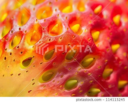 A macro shot capturing the detailed surface of a strawberry, highlighting its vibrant red color and seed-filled texture. 114113245