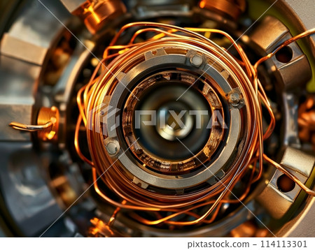 Intricate electric motor details highlighting copper windings and mechanical parts. 114113301
