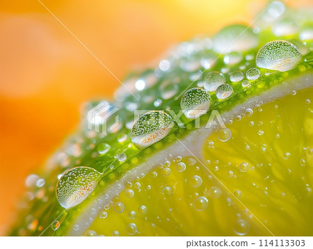 Close-up view of fresh lime with dew drops. 114113303