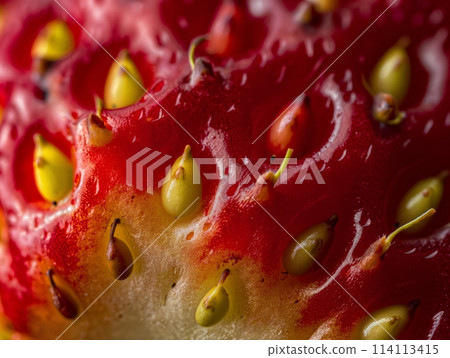Macro shot of a strawberry surface highlighting water droplets and seeds. Macro shot of a strawberry surface highlighting water droplets and seeds. 114113415