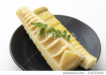 Bamboo shoots on a black plate on a white background Bamboo shoots on a black plate on a white background 114113459