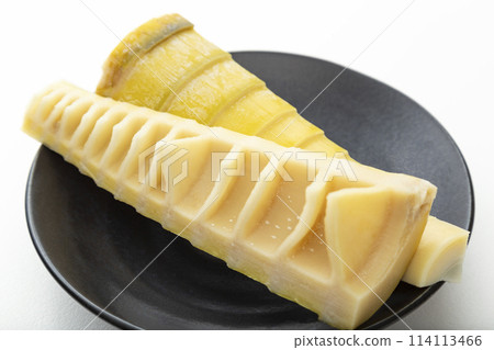 Bamboo shoots on a black plate on a white background Bamboo shoots on a black plate on a white background 114113466
