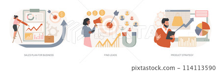 Marketing plan and business strategy isolated concept vector illustration set. 114113590