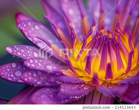 Close-up of a water lily with radiant colors and delicate dew drops creating a fresh and vibrant natural scene. 114113643