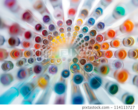 Vivid perspective view through multicolored tubes creating a visual tunnel. 114113727