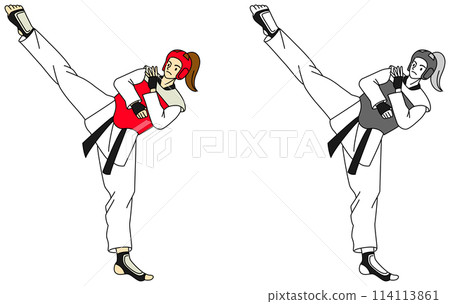 Illustration set of female athletes doing taekwondo 114113861